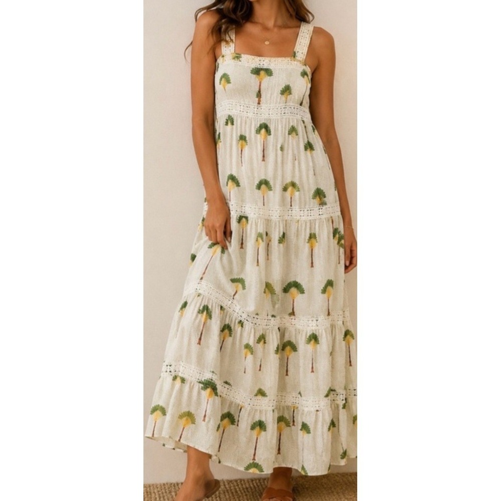 Calypso St. Barth Dress L Maxi Tiered Palm Trees Crochet Lace Straps Cream/Green - Picture 2 of 15